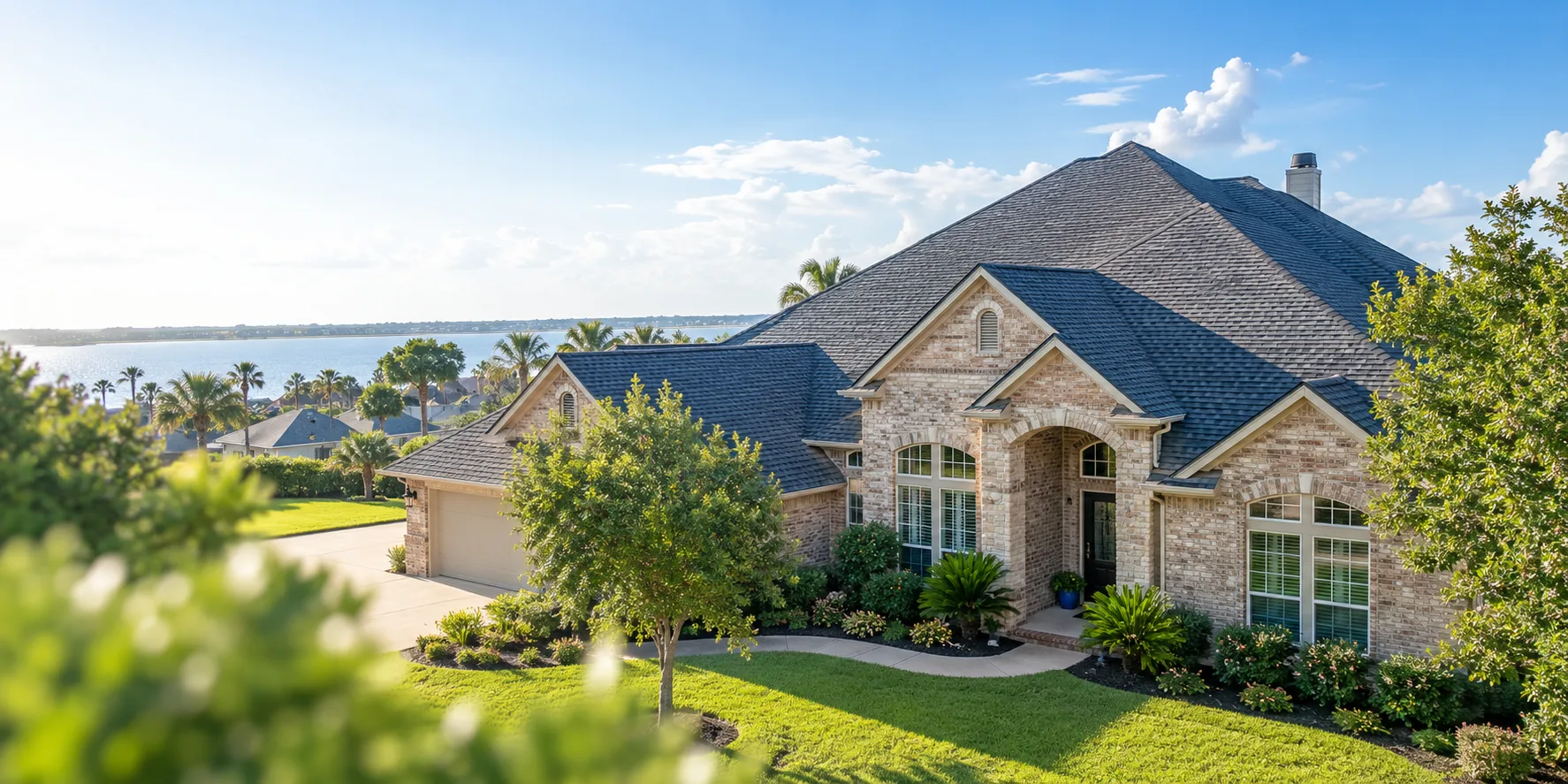 A recently re-roofed brick home on the Texas Gulf Coast, with the bay visible behind it